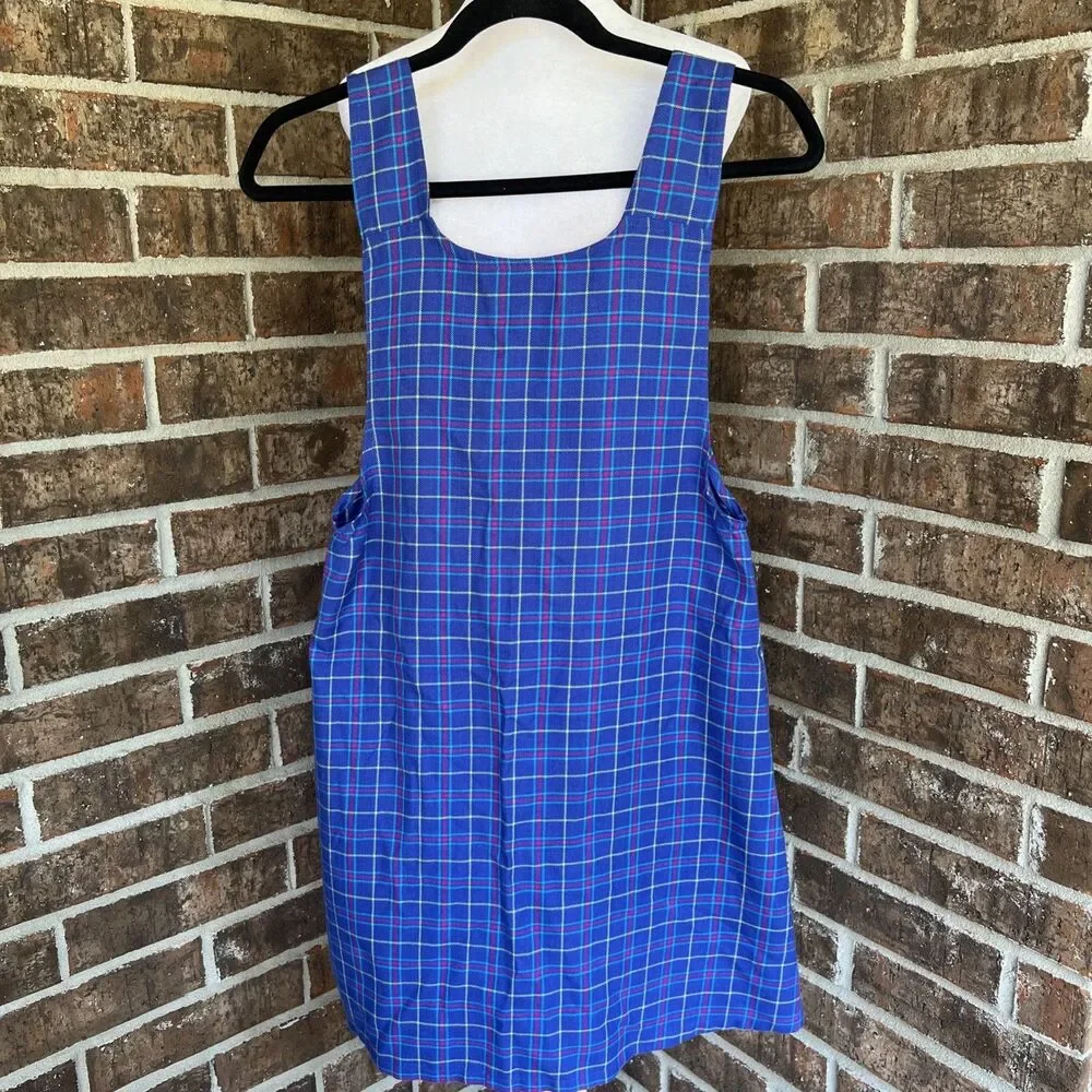 Vtg Looney Tunes Blue Plaid Zip Up Overall Dress Embroidered Tweety Girls 14/16